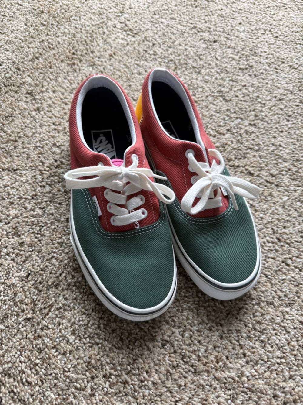 Vans Two-Tone Canvas Lace-Up Sneakers — Green, Red & Yellow Accents